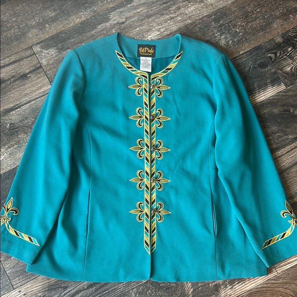 Bob Mackie Wearable Art Teal Embroidered Women's Jacket Fleur De Lis Size 1X - Picture 3 of 9
